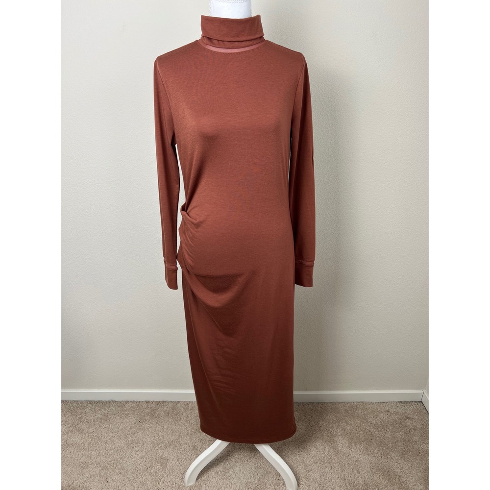 Athleta Havana Midi Dress Small Merino Wool Blend Ruched Turtleneck Brown